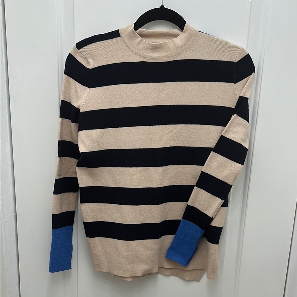 Classic Crewneck Striped Sweater with Split Blue Cuffs